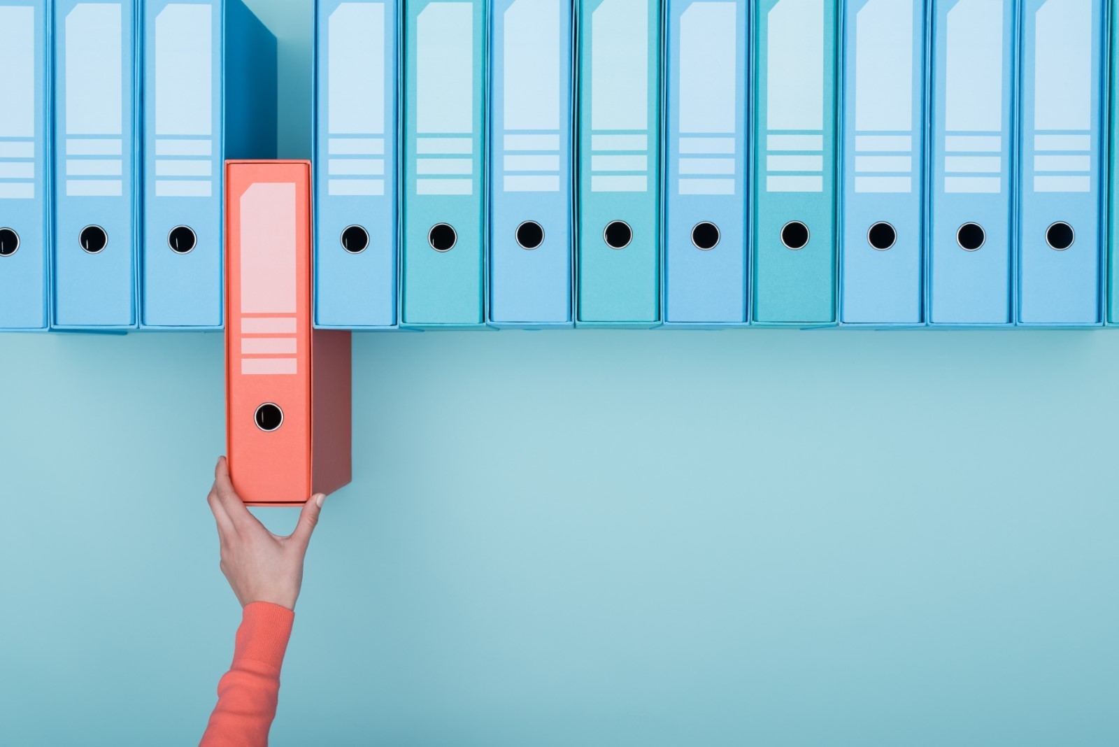 woman's hand removing a red file from a line of blue folder