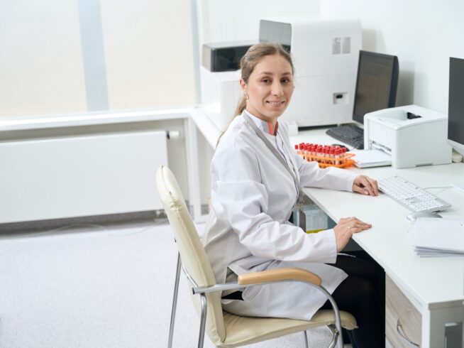 woman sitting in a medical lab next to a printer